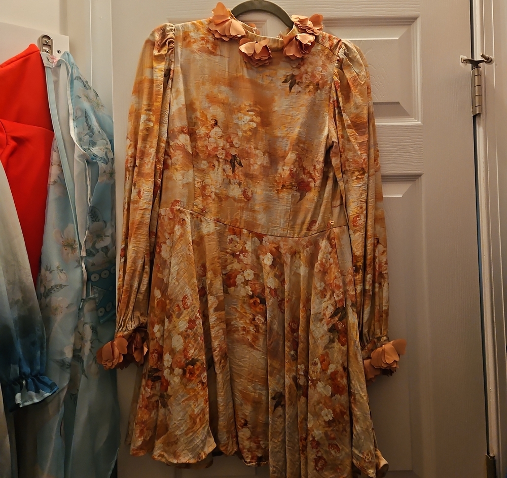 Floral Ruffled Collar Long Sleeve Mini Dress - Peachy Floral